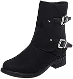 HKDFFC Retro Seitenreißverschluss Damen Lederstiefel, Niedriger Blockabsatz Lässige Kurze Stiefeletten Runde Zehe Ritter Westernstiefel Outdoor Thermal Winter Party Kleid Schuhe,Schwarz,42 EU