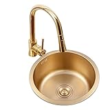 ZBBN Golden Sink 304 Edelstahl Waschbecken Rundes Waschbecken Fünfloch Überlauf Design Pull Wasserhahn Verschiedene Installationsmethoden (Color : Gold, Size : 36 * 36cm) (Gold 36 * 36cm)