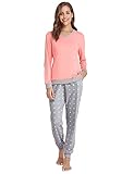 NC Damen Schlafanzug Langarm Pyjama Set Baumwolle Hausanzug Winter Zweiteilige Rundhals SleepwearRosaXXL