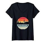 Damen Retro Vintage Dresden Skyline-Silhouette T-Shirt mit V