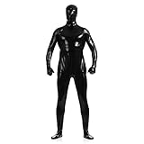 IWEMEK Herren Leder Jumpsuit Wetlook Kunstleder Full Bodysuit Catsuit Glänzed PVC Overall Bodys Zipper Clubwear Männerbody Zentai Kostüm Karneval Erwachsene Ganzkörperanzug Nachtwäsche Schwarz 3XL