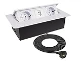 Tischsteckdose versenkbar weiß I Einbausteckdose 2 Fach Schuko Stecker 2x USB I Steckdose Multistecker I Steckdosenleiste Einbau…