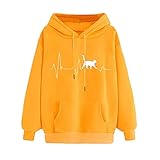 Damen EKG-bedruckter Thermo-Pullover Katzenhemd Langarm-Sweatshirt Loser Pullover Top Persönlichkeit T-Shirt Damen Einfarbig Rundhals-Lang