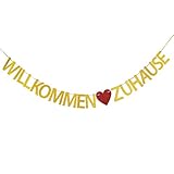 Rosa Willkommen Zuhause Girlande Deko mit Glitter Schriftzug für Geburt Baby Mädchen Junge,Gold Glitzer Herzlich willkommen Zurück für Familie Party Dekoration Welcome Home Banner mit Wimpeln und S