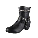 LKJHG Stiefeletten FüR Damen GüRtelschnalle Nieten Kurzstiefel Winterstiefel Mit Samtfutter Ankle Boots Mit Seitlichem ReißVerschluss(GrüN, Schwarz, Braun,GrößE: 35-43),Schwarz,42 EU