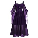 Hopoter Damen Mittelalter Kleidung Gothic Retro Kleid Übergroßes A-Linie Schnürkleid mit Schmetterlingsärmeln Mesh Maxikleider Vintage Party Festlich Kleid Karneval Kostü