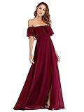 Ever-Pretty Damen Schulterfrei Rüschen Dekolletiert Chiffon Hohe Taille Elegant Maxi Brautjungfernkleider Burgund 56