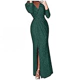 Voberry Abendkleid Damen High Split Cocktailkleider Abendkleider Hochzeitskleid Frauen Festliches Kleid Pailletten Prom Party Ballkleid Gold Abend Brautjungfer V-Ausschnitt Lang Partyk