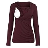 Damen Stillshirt Langarm Schwanger T-Shirt Umstandsshirt Nursing Tops Umstandsmode-Hautfreundlicher Stoff (Wine, S)