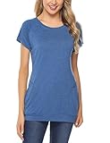 Wayleb Sport T-Shirt Damen Kurzarm Laufshirt Atmungsaktive Oberteil U Ausschnitt Fitness T-Shirt Shortsleeve Yoga Top Multifunktions Shirt Langer Schnitt Blau L