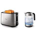 Philips HD2650/90 Toaster Edelstahl (950 W, 8 Bräunungsstufen, Brötchenaufsatz, Auftau- und Aufwärmfunktion) & HD9339/80 Glas Wasserkocher, 1,7 Liter (LED-Beleuchtung, 2200 W)