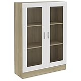 UnfadeMemory Vitrinenschrank Spanplatte Vitrine Stauraumvitrine Standvitrine Aufbewahrungsschrank Sammelvitrine mit 3 Staufächern und 2 Türen 82,5x30,5x115 cm (Weiß/Sonoma-Eiche)