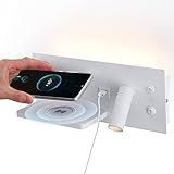 Puhui LED Innen Wandleuchte mit Schalter, inkl. USB-Anschluss (2.1A) & Qi Wireless Charger, Verstellbar 3W Leselampe, Wandlampe für Lesen Hotel Schlafzimmer Arbeitszimmer Büro, Wandspot (Weiß-Linke)