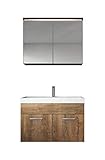Badezimmer Badmöbel Set Paso 02 80 cm Waschbecken Lefkas (Braun) - Unterschrank Schrank Waschbecken Spiegelschrank Schrank