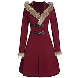 Bartira Mantel für Damen, Pelz-Mützenmanschetten, langärmelige Jacke mit Metalllegierung, Lederschnalle, schmale Doppelseitige Wolle, Midi-Outwear, weinrot, L