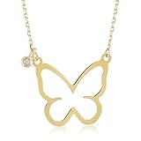 GELIN Goldkette 585 Damen, Schmetterling Anhänger mit Diamant (0.01 ct.) Halskette 14 Karat GelbGold, Echtgold Schmuck, Kette 45