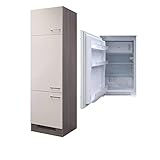 RIWAA - Kühlschrank-Umbauschrank BELFAST inkl. Einbau-Kühlschrank - 200 cm hoch - Creme Samtmatt/Eiche Dek