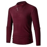 T-Shirt Herren V Ausschnitt/Stehkragen Slim Fit Langarmshirt Herren Komfortabel Atmungsaktiv Einfarbig Pullover Herren Reißverschluss/Knopf Schmücken Lassig Shirt Herren K-Red2 M