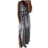 Batik Maxikleider Damen, V Ausschnitt Sommerkleid Hippie Bedrucken Kleid Lang Coole Bunt Strandkleid Ärmellos Freizeit Kleider Mit Taschen Tanktop Casual Shirtkleider Für F