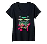 Damen Vaporwave Ästhetische Synthwave Retrowave Eule Grafik T-Shirt mit V