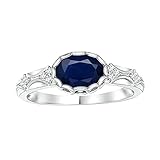 Vintage-Stil 1.00 Ctw Ovaler blauer Saphir-Edelstein 9K Gelbgold Anstellung Ring (Weißes Gold, 17)