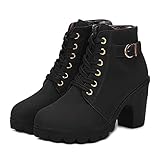 ticticlily Winterstiefel Damen Winter Warme Stiefel Schnalle Ankle Bare Boots Casual Booties Schnalle Plateauschuhe Schuhe mit dickem Absatz A Schwarz 40 EU