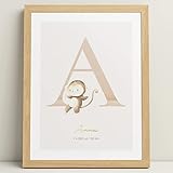 sendmoments Tier-Poster für Kinderzimmer, personalisiertes Wandbild 40x30 cm ohne Rahmen, Initiale A, Affen-Motiv, Deko Babyzimmer, Mädchen und Jungen, Name veredelt in Gold, Geschenk zur Geb