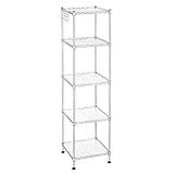 SONGMICS Badezimmerregal, Standregal aus Metall, robust, bis 100 kg belastbar, mit 5 PP-Platten, mit abnehmbaren Haken, 30 x 30 x 123,5 cm, erweiterbar, für kleine Räume, silbern LGR023S01
