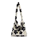 Damen-Handtasche mit Blumendruck, Plüsch, Schultertasche, Unterarmtasche, flauschig, Herbst, Winter, weich, große Kapazität, Handtaschen, Einkaufstaschen, Schwarz ,