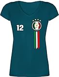 Fussball WM 2022 Fanartikel - 12. Mann Italien Emblem - 3XL - Türkis - Nationalmannschaft - XO1525 - Damen T-Shirt mit V