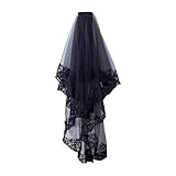 JERKKY Schleier 1 Stück 2-Tier Frauen Halloween Cosplay Kostüm Brautschleier Stickerei Blumenspitze Sheer Tüll Haarschmuck