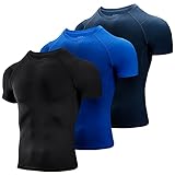 Niksa 3 Stück Kompressionsshirt Herren,Laufshirt Herren Kurzarm mit Unterarm Mesh kurzärmliges Funktionsshirt Atmungsaktiv Sportshirt Männer für Running Workout Fitness Schwarz,Blau,Marine,L