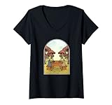 Damen Cottagecore Aesthetic Kawaii Frosch Stricken Knitter Pilz T-Shirt mit V