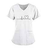 Writtian Kasack Damen Pflege Bunt mit Motiv Liebesdruck T-Shirt Schlupfkasack mit Taschen Kurzarm V-Ausschnitt Schlupfhemd Berufskleidung Krankenpfleger U