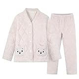 Süßes Pyjama-Set für Bärenfrauen. Zweiteilige Dicke Flanell-Steppkleidung für Damen, weich und bequem, maschinenwaschbar und super warm, Pullover für Damen-White||L(2pcs)