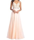 Carnivalprom Damen Spaghetti-Träger Chiffon Abendkleider Lang Hochzeit Hochzeitskleider Perlen Ballkleider(Pfirsich,42)