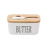 Dyna-Living Butterdose Porzellan Butter mit Messer und Holzdeckel für 250g, Weiß, 16.5 x 10 x 7.5