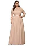 Ever-Pretty Damen 3/4 Ärmel Spitze Rundkragen A-Linie Elegant Empire Bodenlang Chiffon Große Größe Abendkleider Erröten 54
