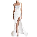 Lazzboy Kleid Festlich Damen Brautkleider Brautjungfer Hochzeitskleider Frauen Casual ärmelloses Pailletten Partykleid Cocktailkleid Maxikleider Ballkleider Wickelkleid (Weiß,XL)
