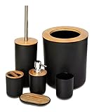 Belcka Bambus-Badezimmer-Zubehör, Badezimmer-Mülleimer und WC-Bürsten-Set, langlebiger Zahnbürstenhalter, Seifenspender mit Pumpe, Seifenschale, Badebecher, moderner Mülleimer, Schwarz, 6 Stück