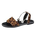 Julhold Damen Flache Sandalen Freizeitschuhe Atmungsaktive Wohnungen Slip-on Perlenschnalle Offene Spitze Strandschuhe Slide Hausschuhe(Braun,42)