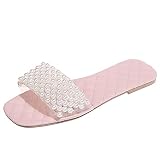 ZZRINIMD Elegante Flache Damen Sandalen mit Perlen Slip on Sommer Strand Hochzeit Brautschuhe Sommer Damen Flache Hausschuhe mit offenen Perlen für lässige S