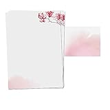 Presentou 25er Set Briefpapier beidseitig Bedruckt 120 Gramm Papier | Motivpapier Urkundenpapier Urkunde Speisekarte Liebesbrief (Aquarell Blumen Rosa, 25 + 25 Bögen + Umschläge)