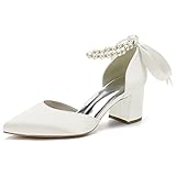 GGBLCS Frauen Hochzeitsschuhe Blockabsatz Perlen Knöchelriemen Pumps Satin Brautschuhe CG1608-28,Elfenbein,37 EU