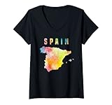 Damen Landkarte von Spanien, bunte Landkarte Aquarell-Illustration T-Shirt mit V