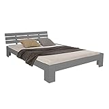 Homestyle4u 2038, Doppelbett Holzbett 160x200 mit Lattenrost, Bett Bettgestell Grau Kiefer H