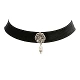 Trachtenkette Samtband Ornament mit Perle - Damen Samt-Kropfband Kristallstein enganliegend, Kropfkette elastisch für Trachtenbluse, Dirndlkette breit, Dirndl-Schmuck Choker zum Oktoberfest (schwarz)