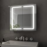 Elegant Bad Spiegelschrank mit Beleuchtung LED Licht Badezimmer Spiegelschrank Bad Hängeschrank mit Steckdose und Kippschalter 2 türig Badezimmerschrank 70 x 65