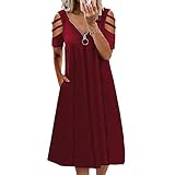 AmShibel Sommerkleider für Damen, lässig, V-Ausschnitt, kurze Ärmel, Schulterriemen, Sommerkleid mit Reißverschluss, Midi-Kleid, Solid Red, X-Larg