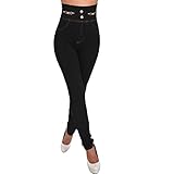 Candygirls Damen High Waist Leggins Gold Knöpfe Herz Perle Naht Leggings Treggings Brosche 1116 (Schwarz, 34-38)